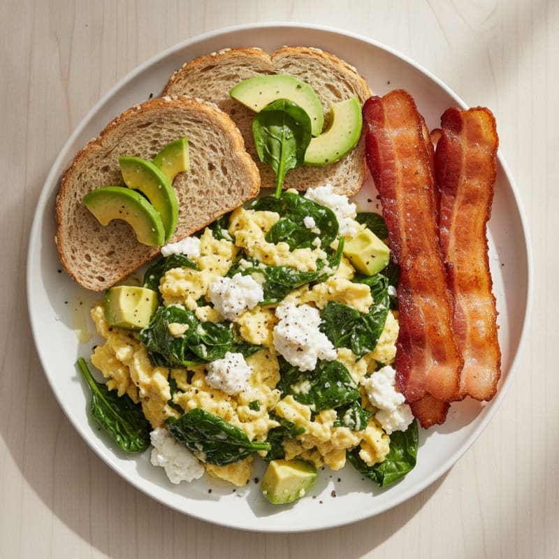 Cottage Cheese Egg Scramble with Spinach and Turkey Bacon