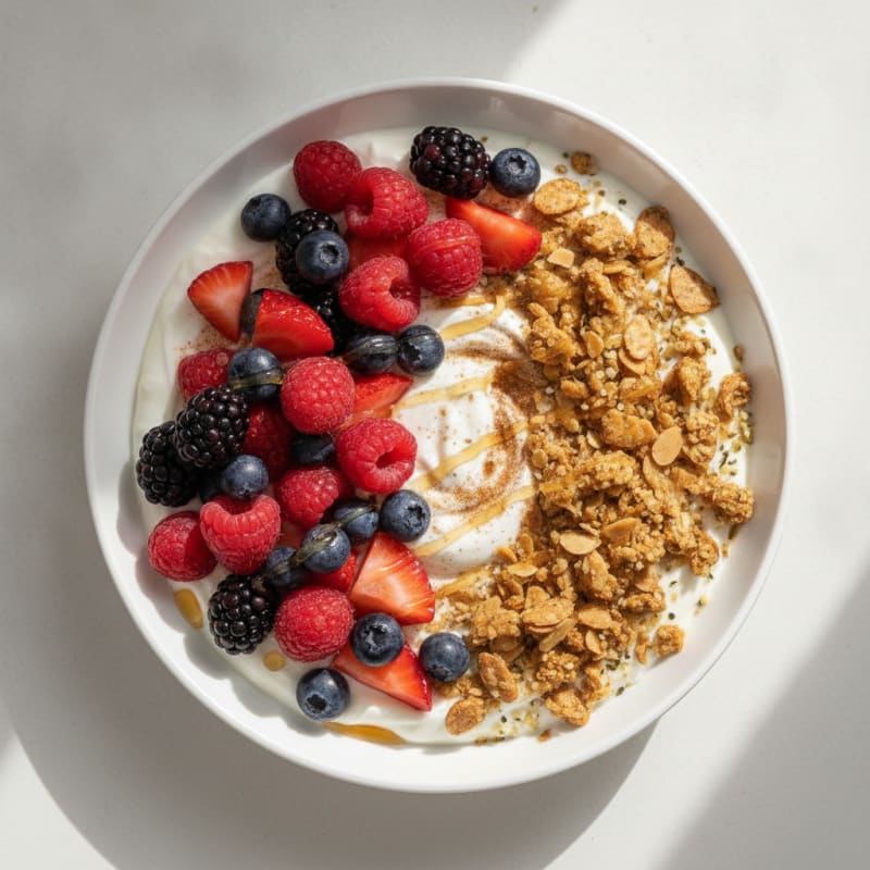 Silky Greek Yogurt with Mixed Berries and Protein Crunch