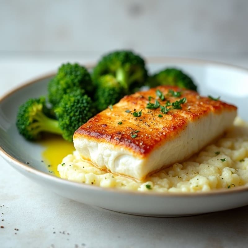 Seared Cod Fillet with Steamed Broccoli and Cauliflower Mash