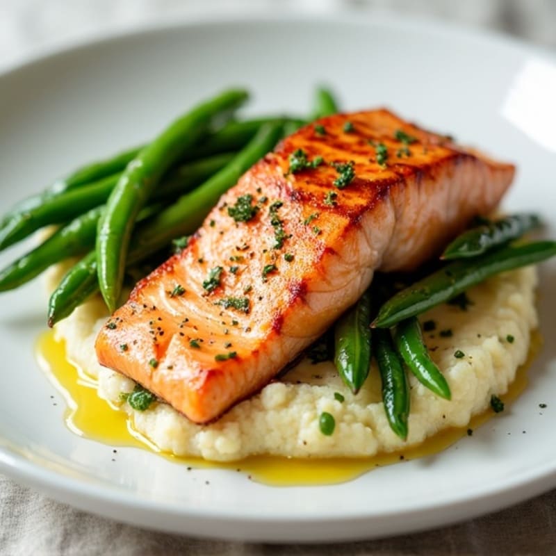 Seared Salmon with Steamed Green Beans and Cauliflower Mash