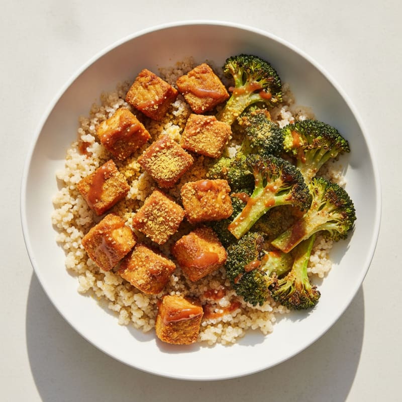 Crispy Tempeh Power Bowl with Quinoa and Roasted Broccoli