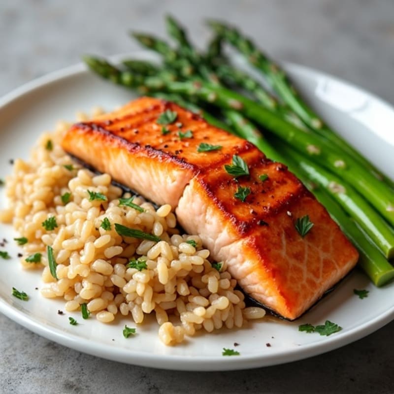 Seared Salmon Fillet with Steamed Asparagus and Brown Rice