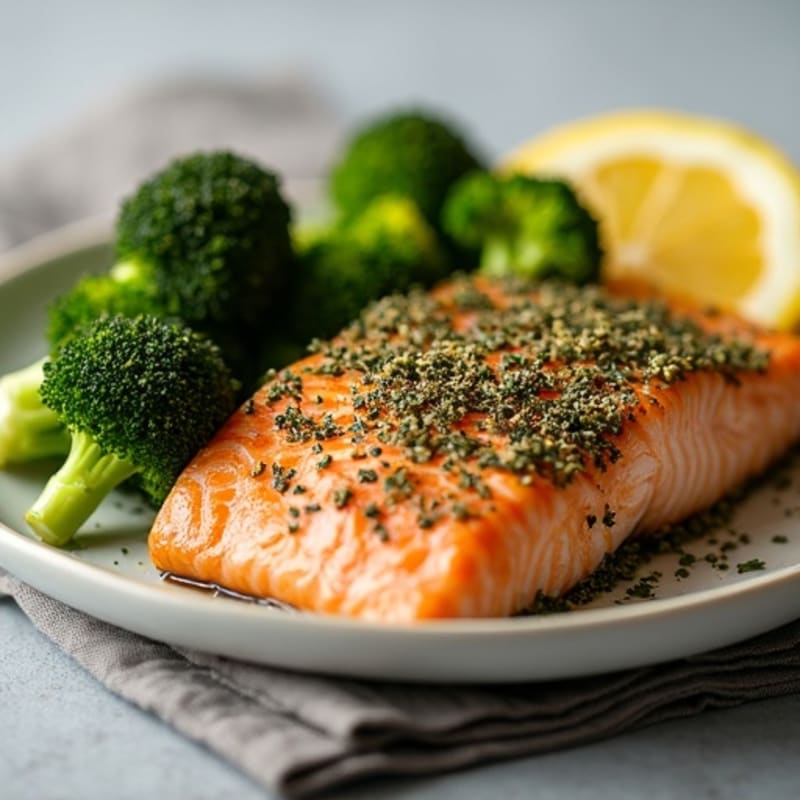 Herb-Crusted Pan Seared Salmon with Roasted Broccoli