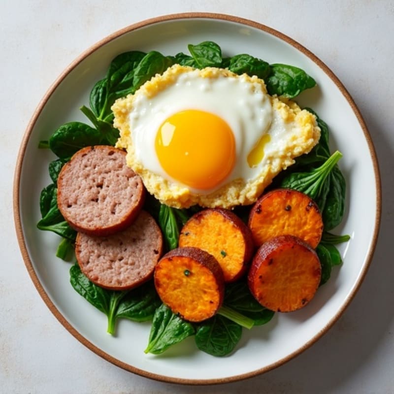 Egg White and Turkey Sausage Scramble with Spinach and Roasted Sweet Potato