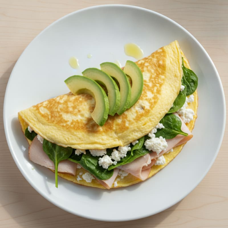 Egg White Spinach Omelette with Cottage Cheese and Sliced Turkey