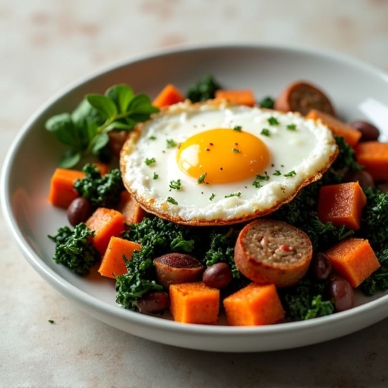 Sweet Potato Hash with Crispy Eggs and Sautéed Kale