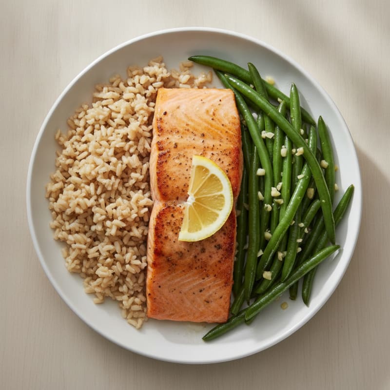 Seared Salmon with Garlic Green Beans and Brown Rice