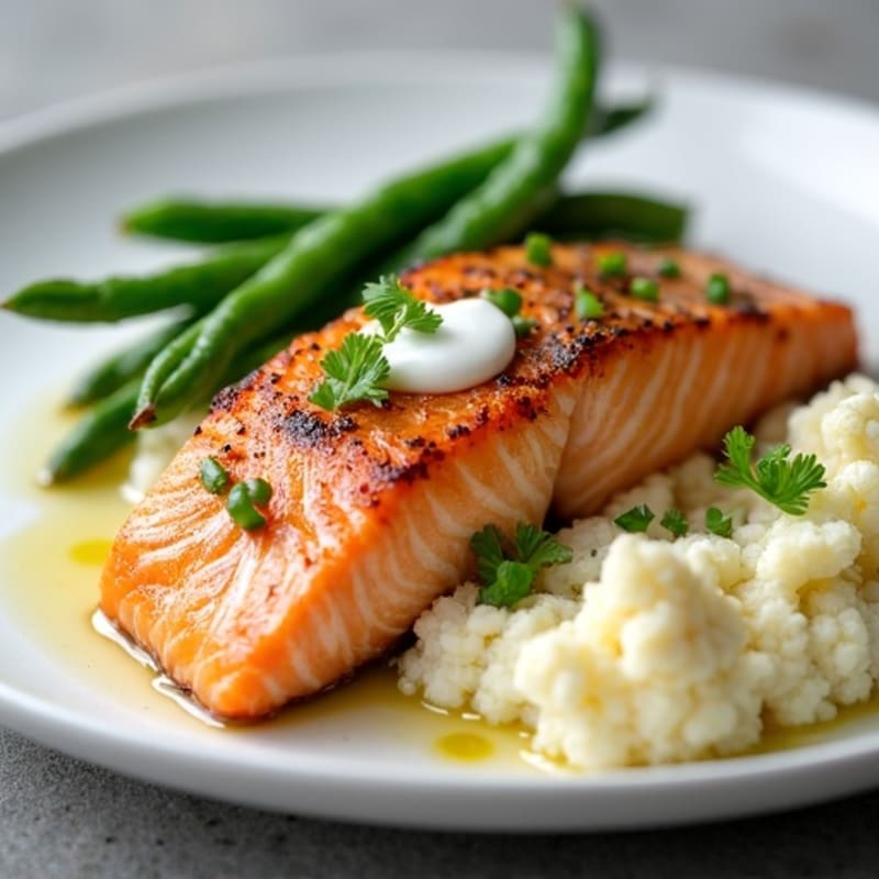 Seared Salmon with Garlic Green Beans and Cauliflower Mash