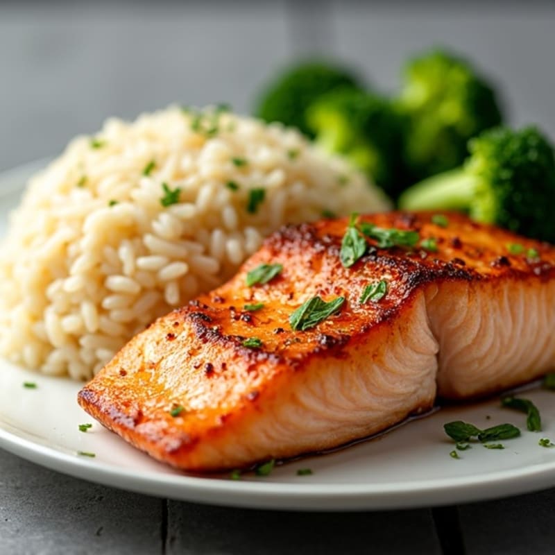 Crispy Pan-Seared Salmon with Fluffy Jasmine Rice and Roasted Broccoli