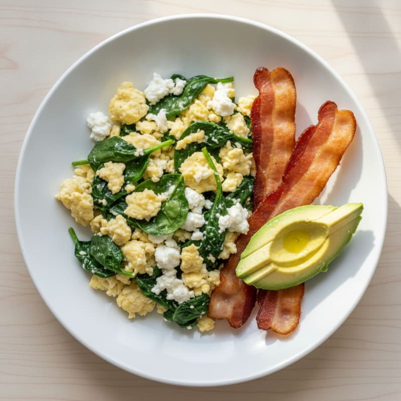 Cottage Cheese Scramble with Spinach and Turkey Bacon