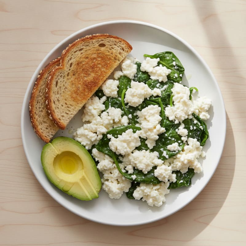 Egg White Scramble with Cottage Cheese and Sautéed Spinach
