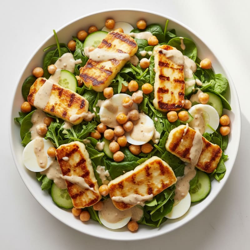 Grilled Halloumi and Chickpea Salad with Lemon Tahini Dressing