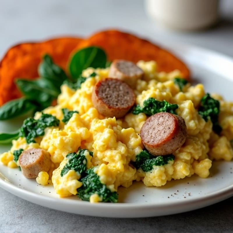 Egg White and Turkey Sausage Scramble with Spinach and Roasted Sweet Potato