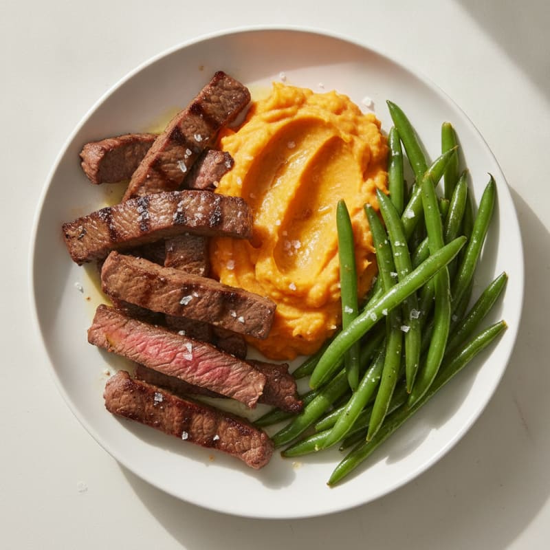 Seared Lean Beef Strips with Steamed Green Beans and Sweet Potato Mash