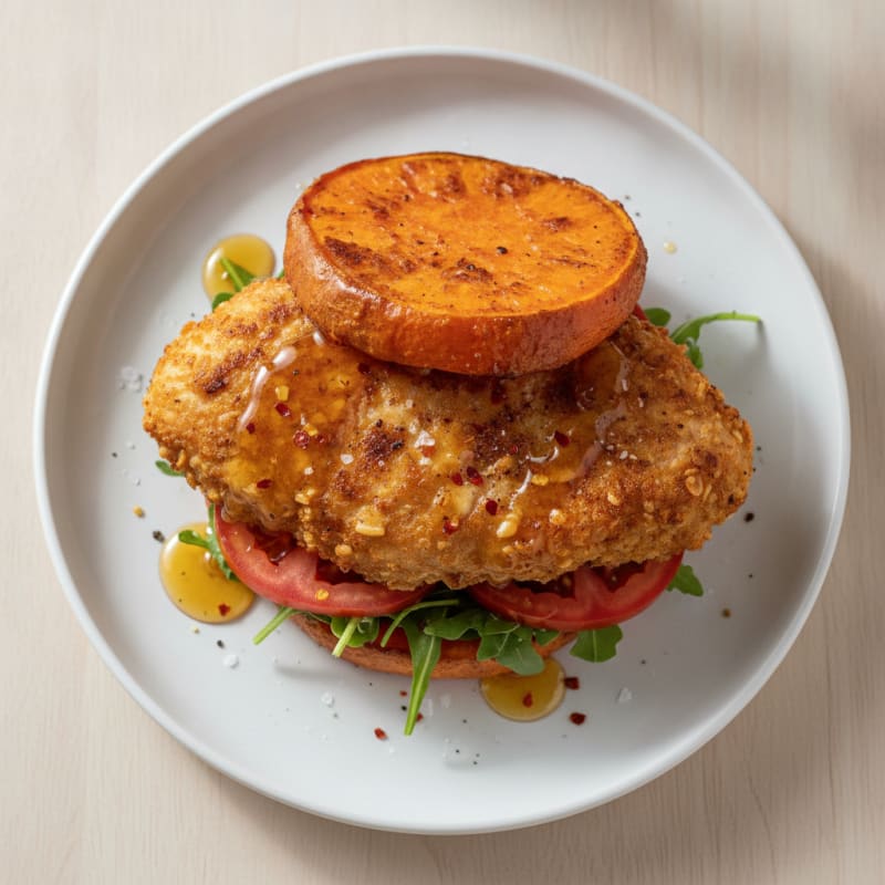 Hot Honey Crispy Chicken Burger with Sweet Potato Buns