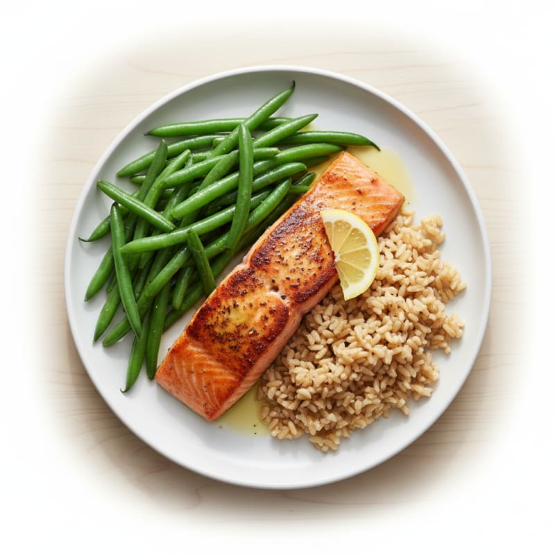 Seared Salmon Filet with Steamed Green Beans and Brown Rice