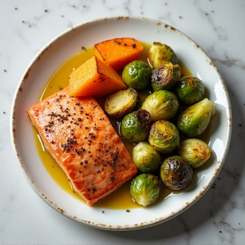 Seared Salmon with Roasted Brussels Sprouts and Sweet Potato