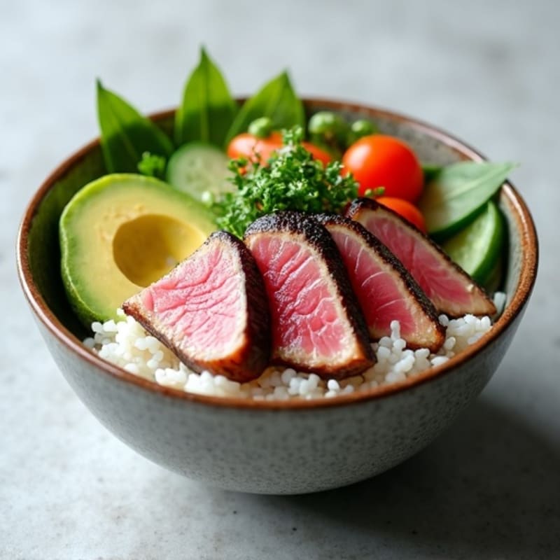 Seared Tuna Rice Bowl with Asian Salad and Seaweed