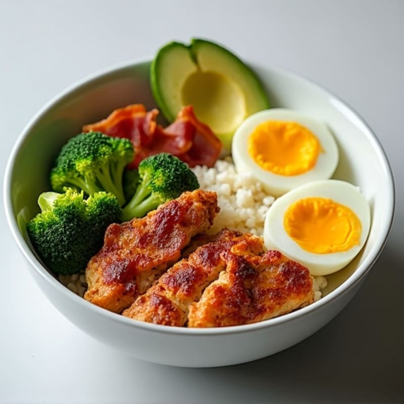 Crispy Chicken and Bacon Rice Bowl with Roasted Broccoli, Avocado, and Hard-Boiled Eggs