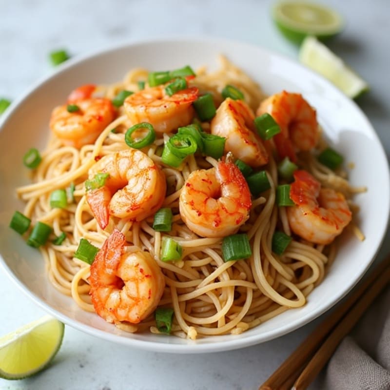 Pan-Seared Shrimp with Tangy Peanut Rice Noodles