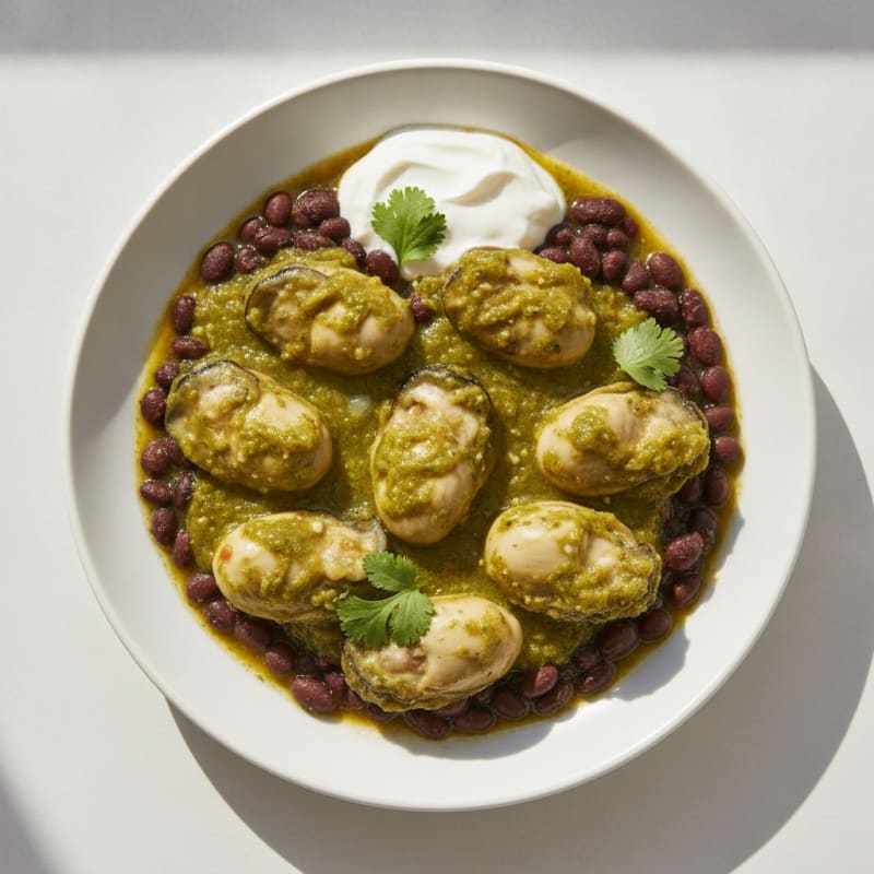 Boiled Oysters with Green Chili Enchilada Sauce