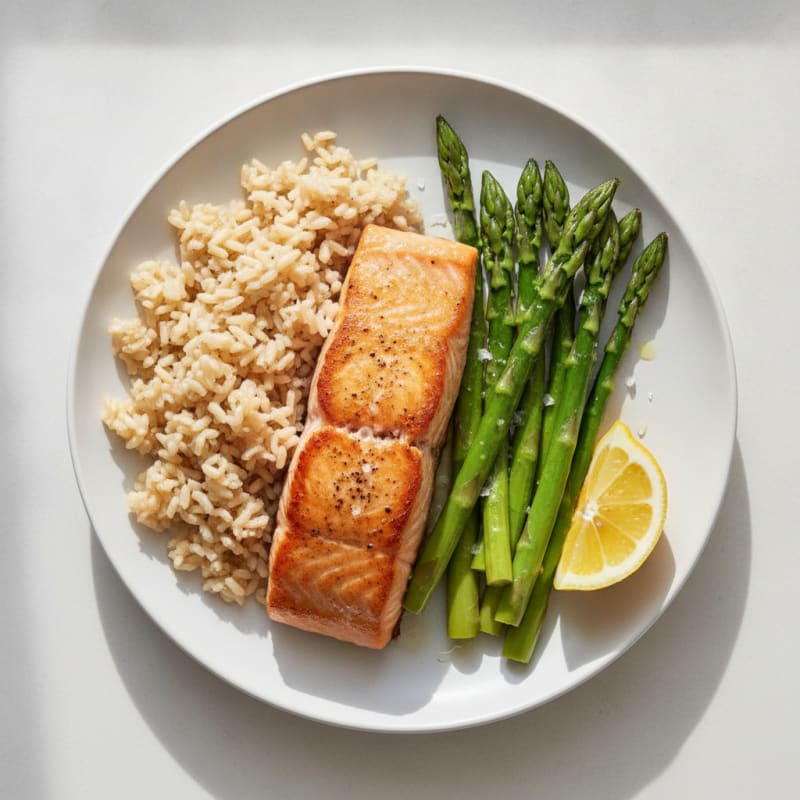 Seared Salmon with Steamed Asparagus and Brown Rice