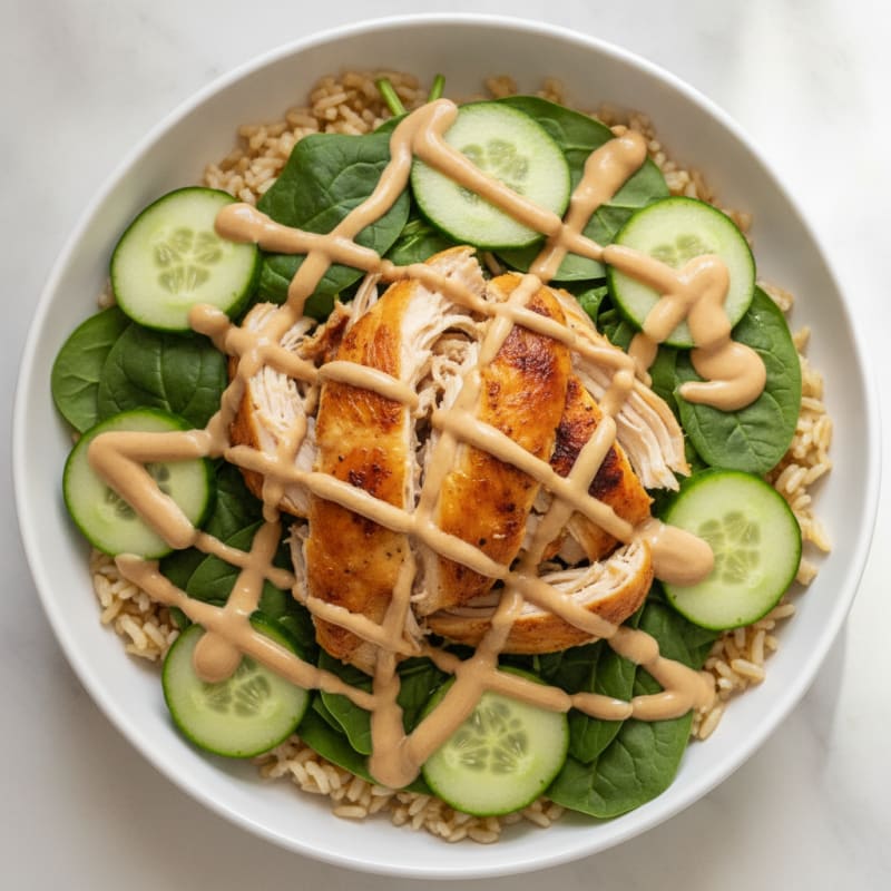 Rotisserie Chicken Bowl with Brown Rice, Fresh Spinach and Crunchy Cucumber