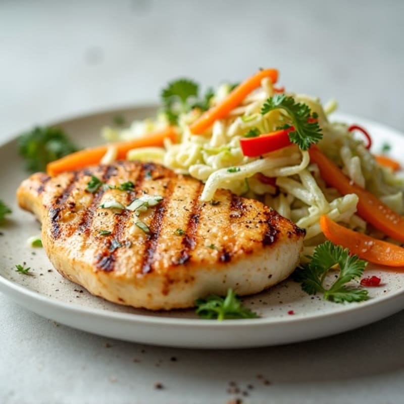 Grilled Chicken Breast with Crunchy Cabbage Slaw and Lemon Yogurt Dressing