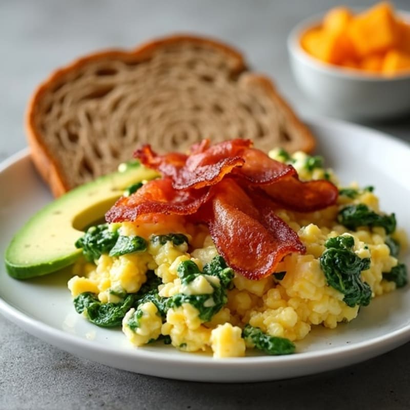 Crispy Turkey Bacon and Egg White Scramble with Sautéed Spinach