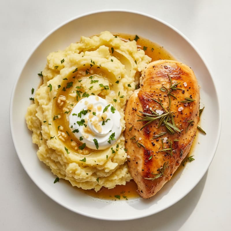 Buttery Garlic Mashed Potatoes with Herb-Roasted Chicken