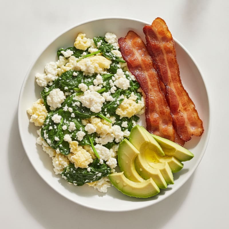 Cottage Cheese Egg Scramble with Spinach and Turkey Bacon