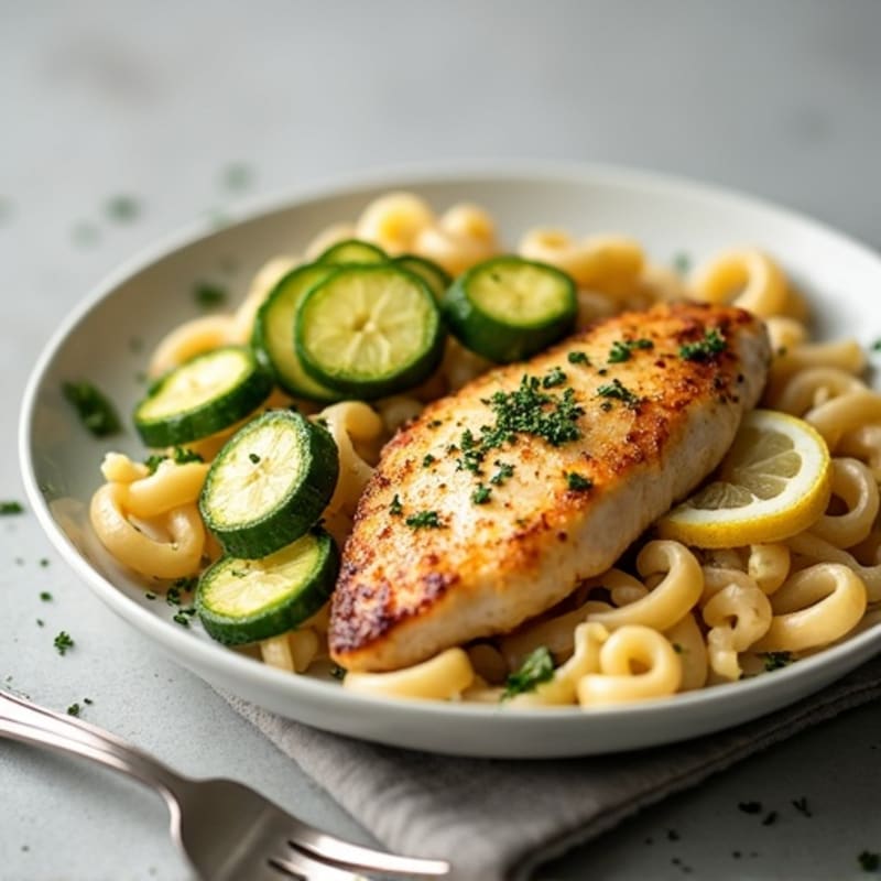 Lemon Herb Chicken with Sautéed Zucchini and Whole Wheat Pasta
