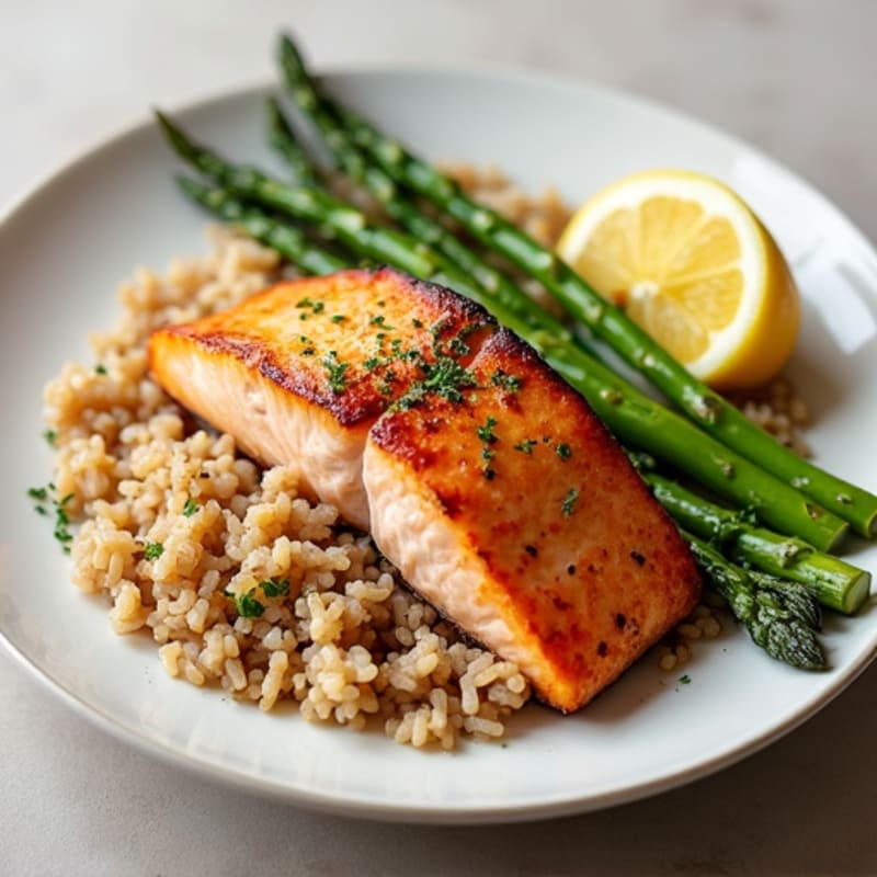 Seared Salmon with Roasted Asparagus and Brown Rice
