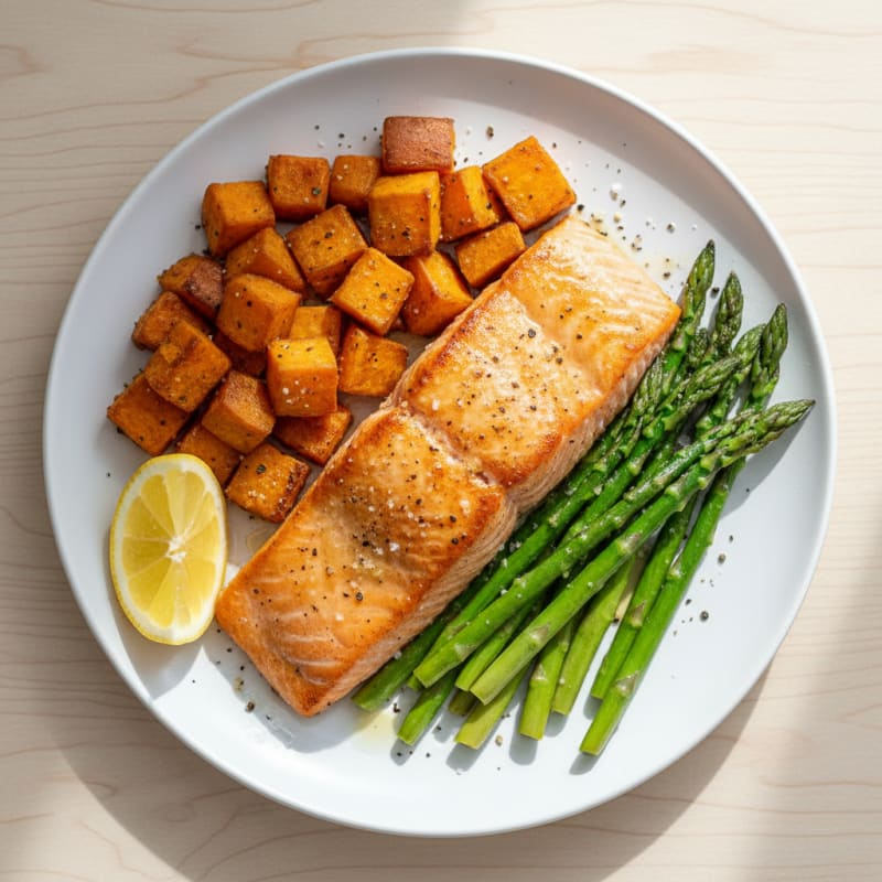 Seared Salmon with Roasted Sweet Potatoes and Asparagus