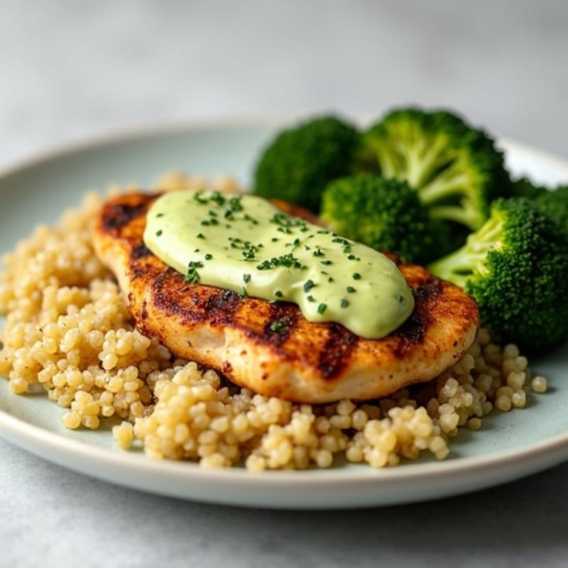 Grilled Chicken Breast with Creamy Quinoa and Roasted Broccoli