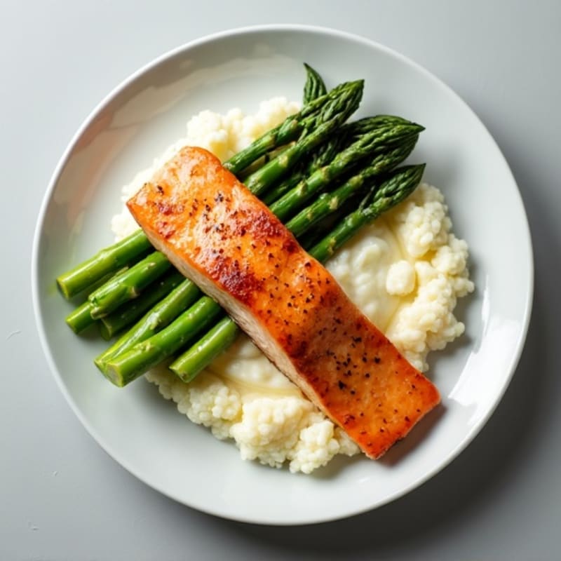 Seared Salmon with Steamed Asparagus and Cauliflower Mash