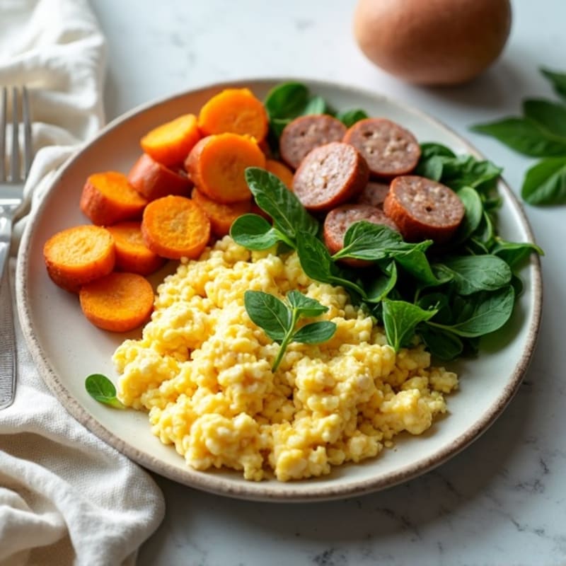 Egg White and Turkey Sausage Scramble with Spinach and Sweet Potato