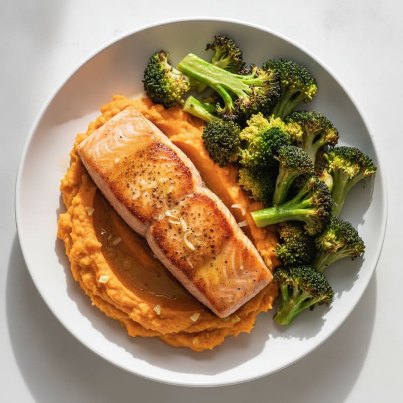 Seared Salmon with Roasted Broccoli and Garlic Sweet Potato Mash