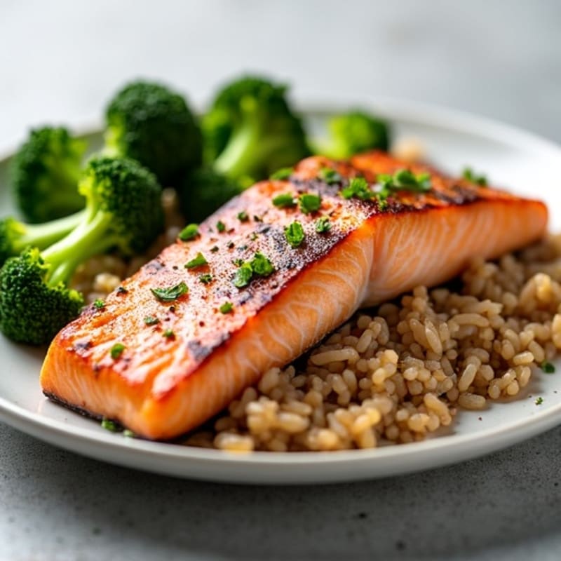 Seared Salmon with Steamed Broccoli and Brown Rice