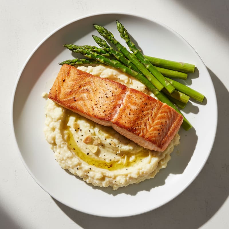 Seared Salmon with Steamed Asparagus and Cauliflower Mash