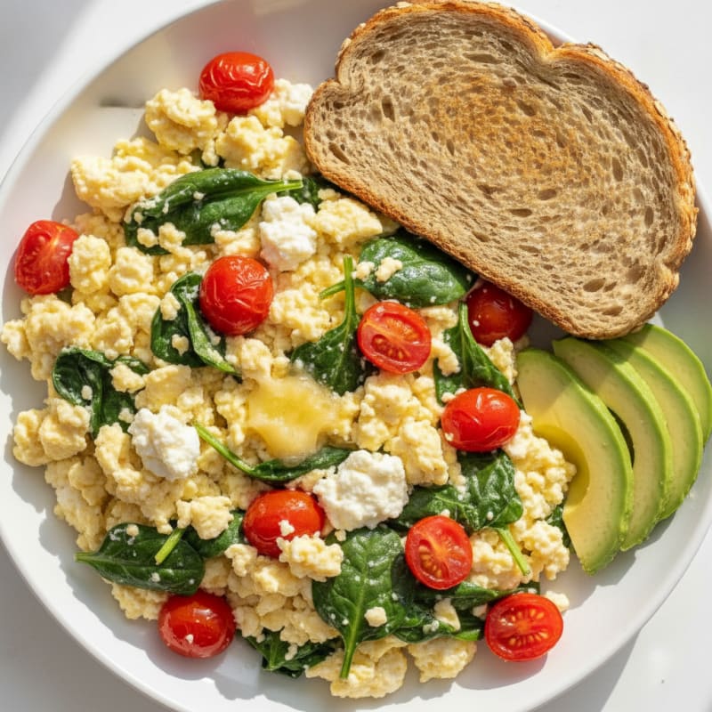 Cottage Cheese Scramble with Spinach and Cherry Tomatoes