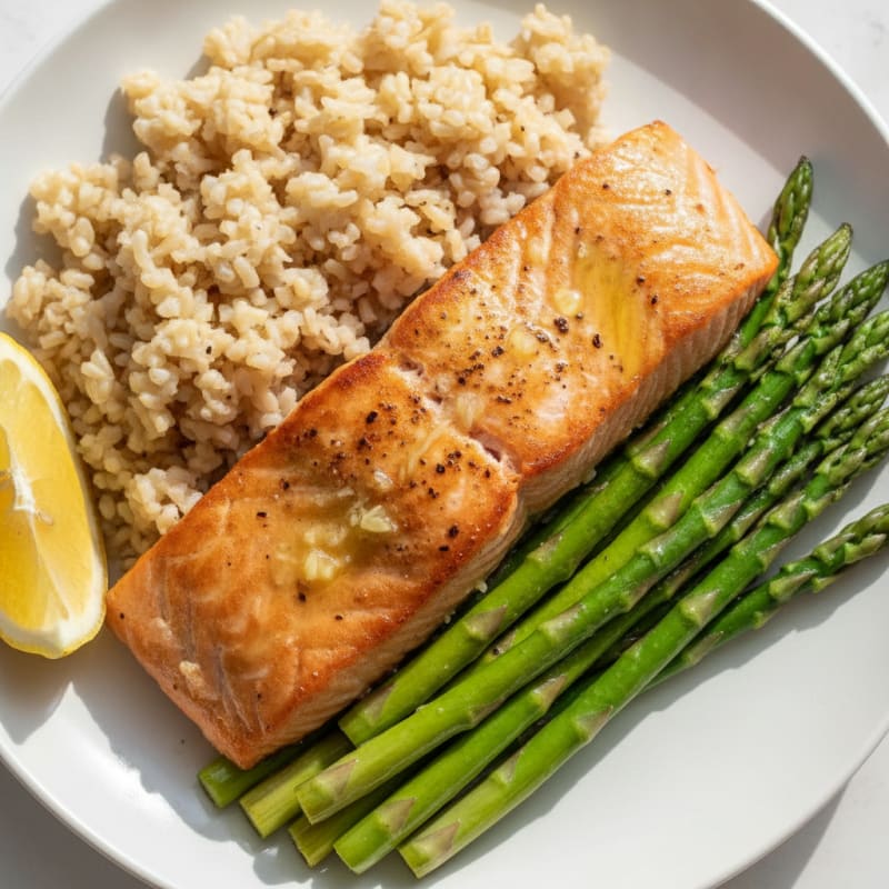 Seared Salmon Fillet with Steamed Asparagus and Brown Rice