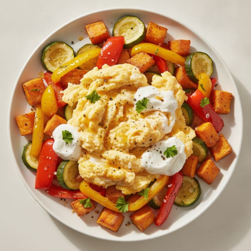 Hearty Scrambled Eggs with Roasted Vegetables
