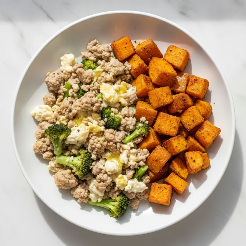 Egg White and Ground Turkey Scramble with Roasted Sweet Potatoes