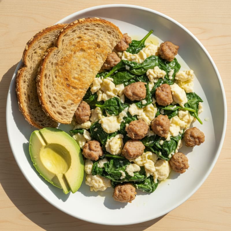 Egg White and Turkey Sausage Scramble with Sautéed Spinach
