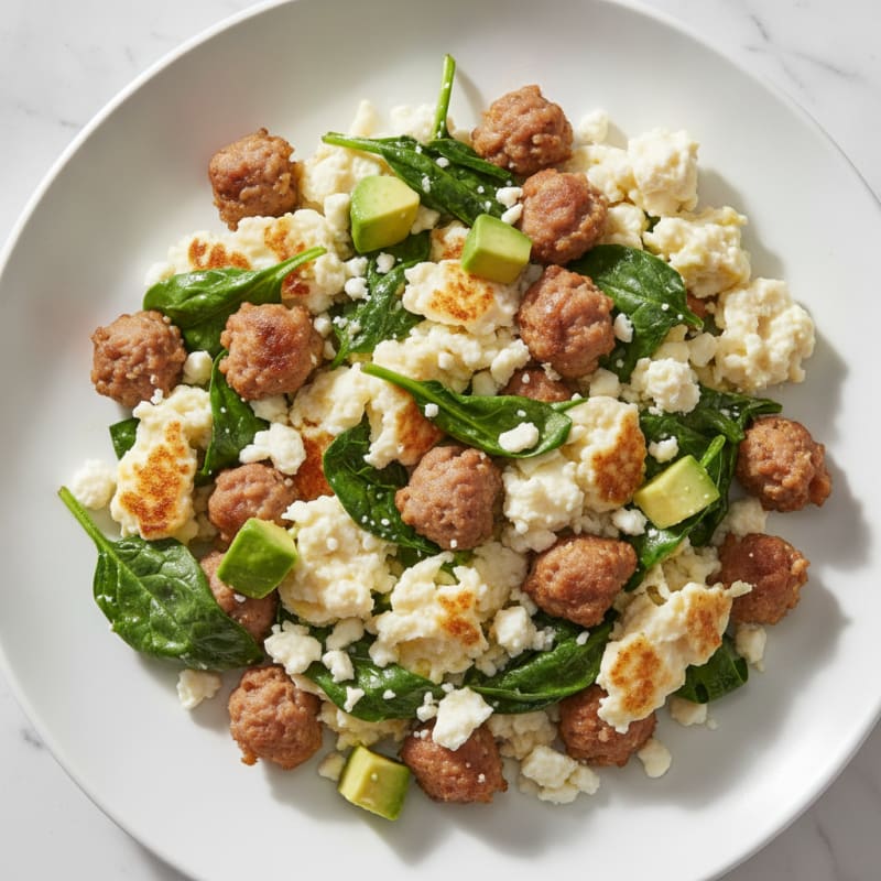 Egg White and Turkey Sausage Scramble with Spinach and Feta