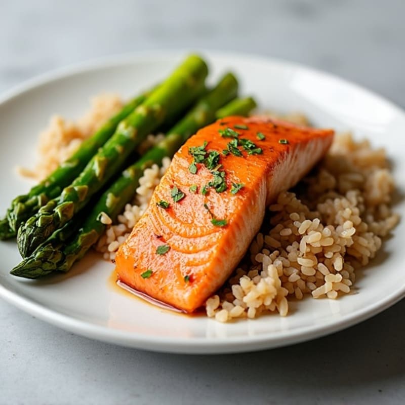 Seared Salmon with Steamed Asparagus and Brown Rice