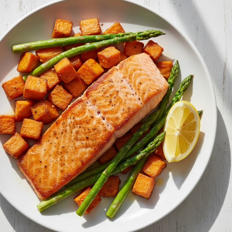 Seared Salmon Fillet with Roasted Sweet Potatoes and Asparagus