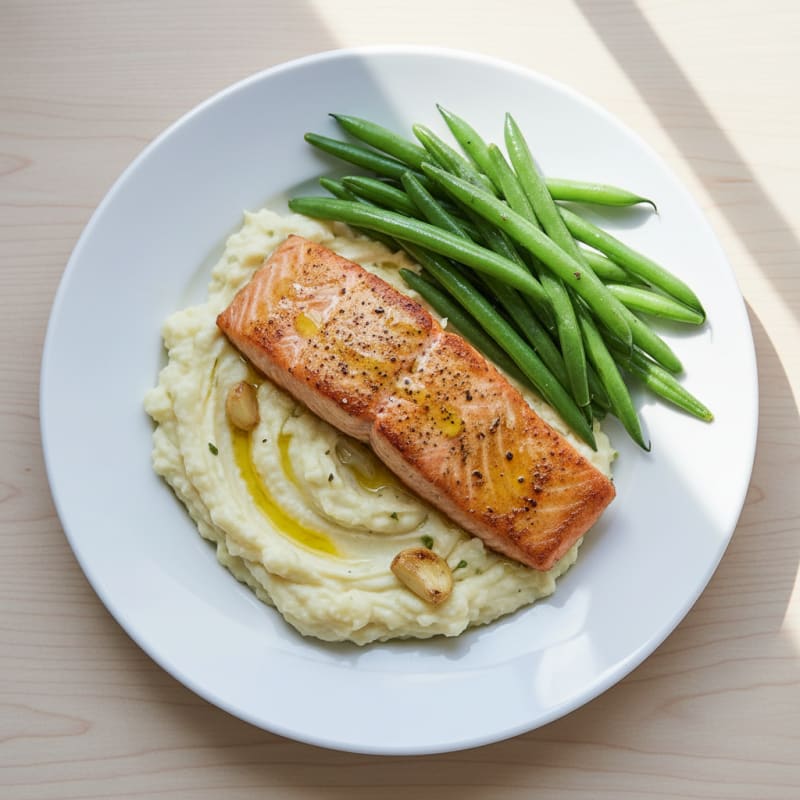 Seared Salmon Fillet with Steamed Green Beans and Garlic Mashed Cauliflower