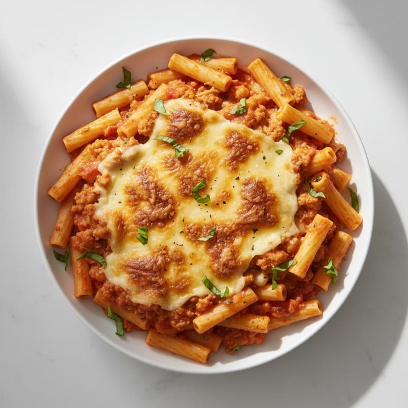 Creamy Baked Ziti with Golden Mozzarella Crust